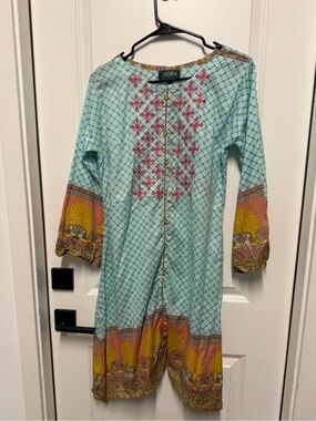 Insha Size L Light Blue Printed Frock Kurta Gold Buttons Pakistani Summer Dress